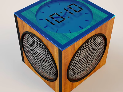 Cube Shaped Clock With Blue Dial Wooden Frame And Side Speakers 3d model