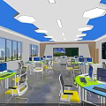 Modern Classroom With Computers Desks Blue Ceiling Windows And Interactive Board 3d model