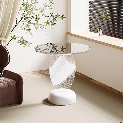 Modern Elegant Side Table With Round Glass Top And White Stylish Base In Living Room 3d model