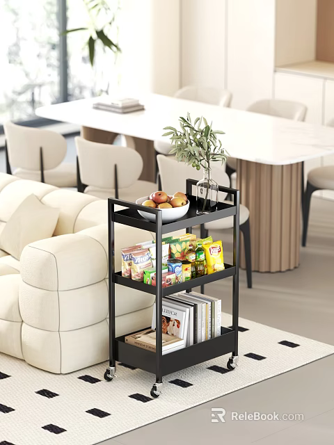 Cozy Living And Dining Room With Beige Sofa Black Shelf Fruits Snacks Books White Table 3d model 