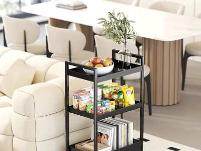 Cozy Living And Dining Room With Beige Sofa Black Shelf Fruits Snacks Books White Table 3d model
