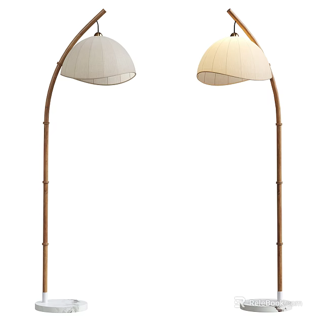 Pair of Arched Floor Lamps with Beige Fabric Shades and Natural Wooden Poles 3d model 