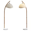 Pair of Arched Floor Lamps with Beige Fabric Shades and Natural Wooden Poles