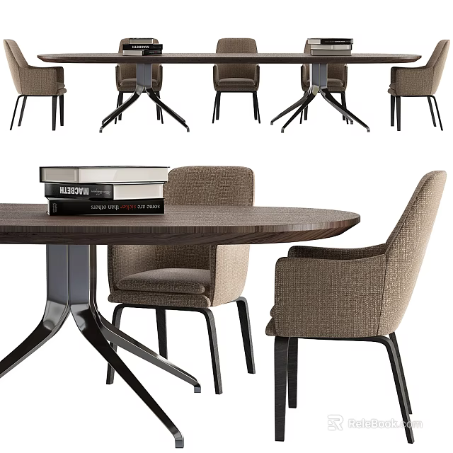 Modern Round Dining Table Set With Wooden Top Black Metal Legs And Beige Fabric Chairs 3d model 