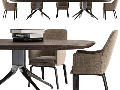 Modern Round Dining Table Set With Wooden Top Black Metal Legs And Beige Fabric Chairs 3d model