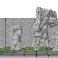 Artistic Garden Ornaments With Porous Rock Sculptures Green Grass Gray Wall And Wooden Canopy