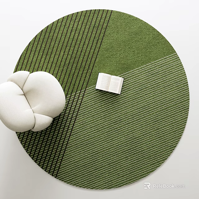 Green Striped Round Rug With White Cushion And Open Book 3d model 
