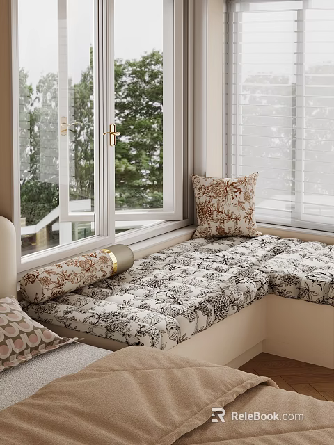 Cozy Bay Window Bench With Patterned Cushions Decorative Pillow And White Blinds 3d model 