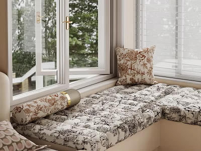 Cozy Bay Window Bench With Patterned Cushions Decorative Pillow And White Blinds 3d model