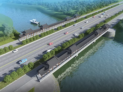 Ancient Architecture Style Bridge Over River With Road Vehicles And Greenery 3d model