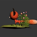 Cute Red Fox Character Standing On Green Grass With Pink Flowers And Plants