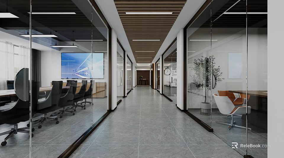 Contemporary Public Office Area with Glass Partitions Spacious Corridor Office Furniture and Green Plants 3d model 