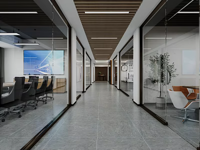 Contemporary Public Office Area with Glass Partitions Spacious Corridor Office Furniture and Green Plants 3d model