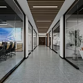 Contemporary Public Office Area with Glass Partitions Spacious Corridor Office Furniture and Green Plants
