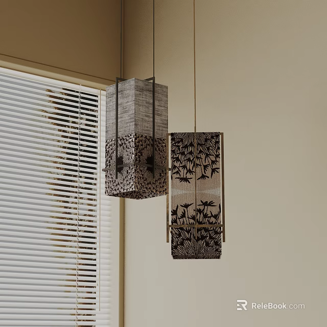 Japanese Inspired Pendant Lights With Carved Bird And Plant Patterns Near Window Blinds 3d model 