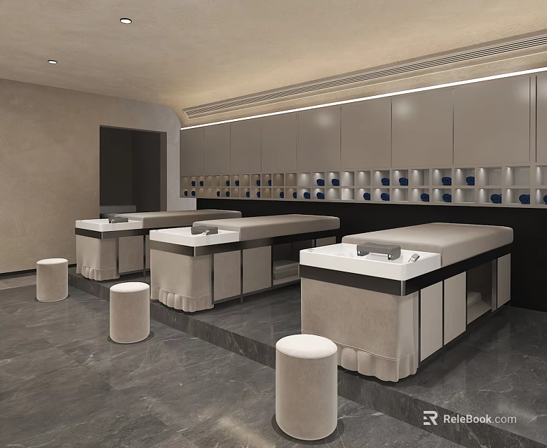 Modern Massage Room Interior With Multiple Massage Tables Storage Cabinets And Stools 3d model
