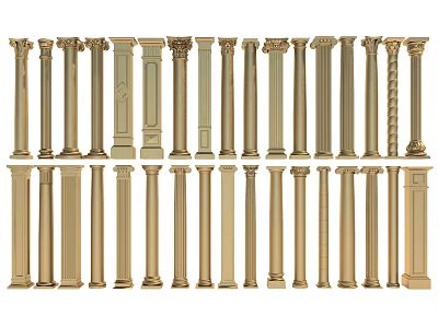 Golden Roman Columns Featuring Various Classical Decorative Styles And Designs 3d model
