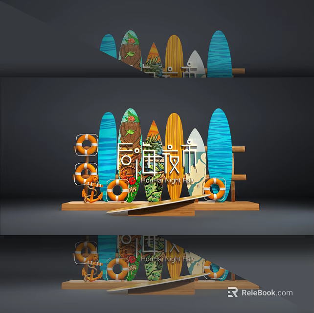 Colorful Surfboards And Decorative Lifebuoys On Wooden Beach Market Display Stand 3d model 