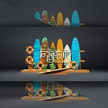 Colorful Surfboards And Decorative Lifebuoys On Wooden Beach Market Display Stand