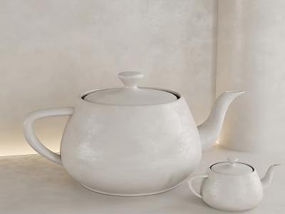 White Ceramic Teapot with Matching Small Teapot on Smooth Light Minimalist Surface 3d model