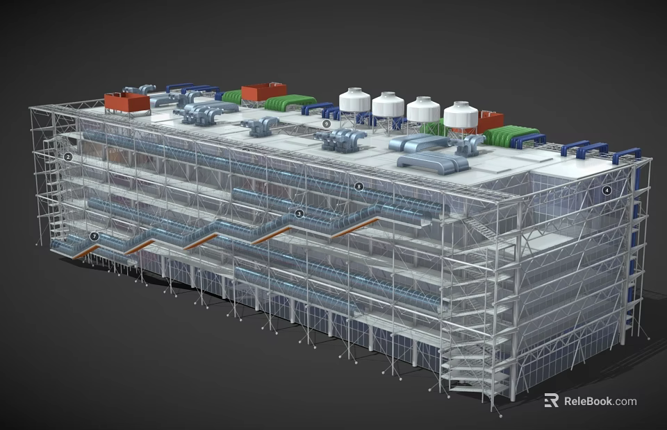 Industrial Factory Building Multi Level Metal Framework with Roof Storage Tanks Piping Systems and Platforms 3d model 