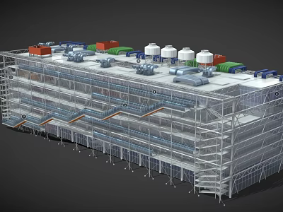 Industrial Factory Building Multi Level Metal Framework with Roof Storage Tanks Piping Systems and Platforms 3d model
