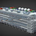 Industrial Factory Building Multi Level Metal Framework with Roof Storage Tanks Piping Systems and Platforms