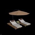 Outdoor Lounge Chairs With Wooden Frame White Cushions Brown Headrest Umbrella And Potted Plants