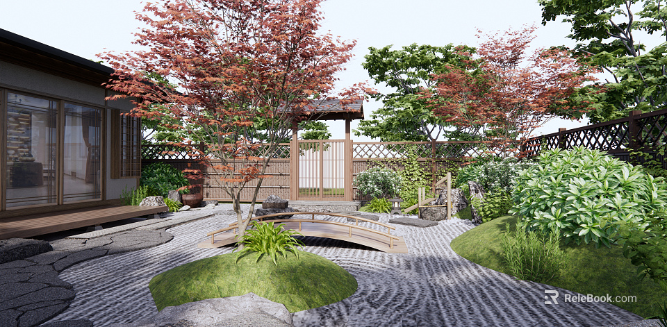 Karesansui Dry Landscape Garden With Raked Gravel Stones Moss And Small Wooden Bridge 3d model 