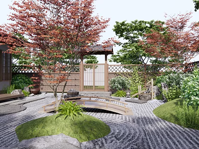 Karesansui Dry Landscape Garden With Raked Gravel Stones Moss And Small Wooden Bridge 3d model