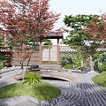 Karesansui Dry Landscape Garden With Raked Gravel Stones Moss And Small Wooden Bridge