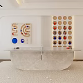 Modern Sports Equipment Table With Silver Surface And Colorful Geometric Wall Decor In Contemporary Room