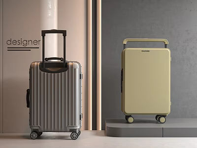Two Designer Suitcases In Silver And Beige With Modern Striped Design And Wheels 3d model