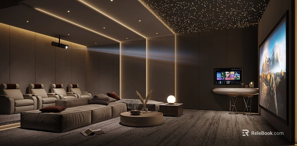 Elegant Home Theater Interior With Starry Sky Ceiling Comfortable Seating And Projector Screen 3d model 