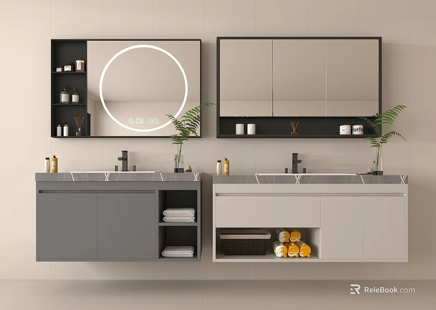 Modern Double Vanity Washbasins with Round Mirror Rectangular Cabinet Open Shelves Storage and Green Plants 3d model
