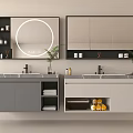 Modern Double Vanity Washbasins with Round Mirror Rectangular Cabinet Open Shelves Storage and Green Plants 3d model