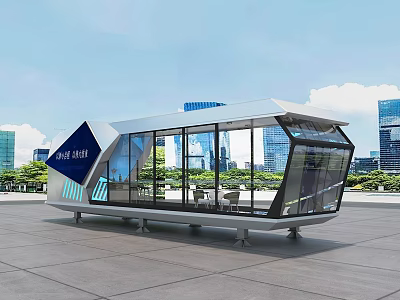 Modern Modular Building With Glass Structure Blue Signage And Urban Setting 3d model