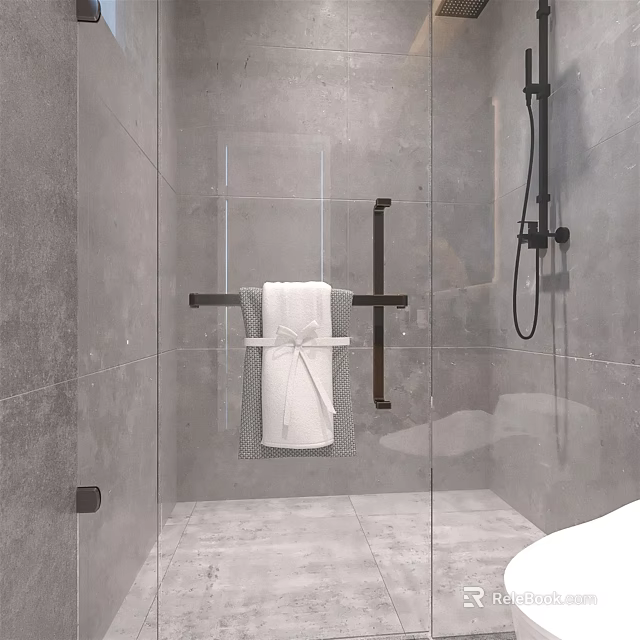 Modern Shower Sauna With Gray Tiled Walls Glass Enclosure Black Metal Hardware And White Towel 3d model 
