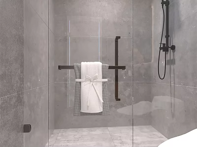 Modern Shower Sauna With Gray Tiled Walls Glass Enclosure Black Metal Hardware And White Towel 3d model