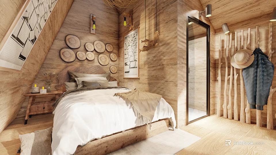 Warm Leisure Area With Wooden Walls Bed White Sheets And Circular Plate Decor 3d model 
