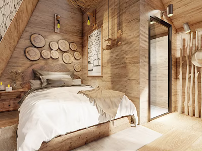 Warm Leisure Area With Wooden Walls Bed White Sheets And Circular Plate Decor 3d model