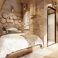 Warm Leisure Area With Wooden Walls Bed White Sheets And Circular Plate Decor