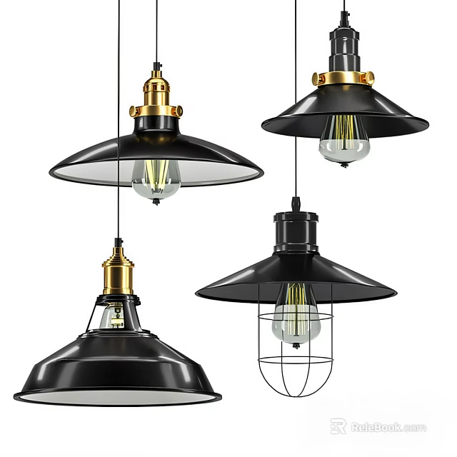 Modern Industrial Pendant Lights With Black Shades Gold Accents Exposed Bulbs And Wire Cage Design 3d model 