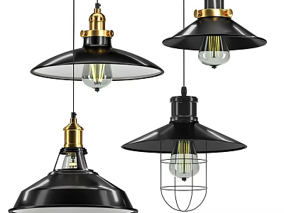 Modern Industrial Pendant Lights With Black Shades Gold Accents Exposed Bulbs And Wire Cage Design 3d model