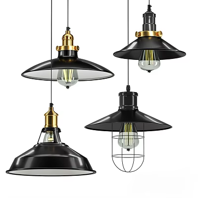 Modern Industrial Pendant Lights With Black Shades Gold Accents Exposed Bulbs And Wire Cage Design 3d model