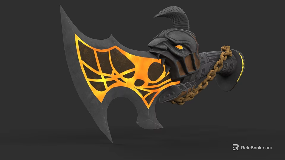 Mythical Battle Axe With Black Orange Flame Pattern And Decorative Head Chain 3d model 