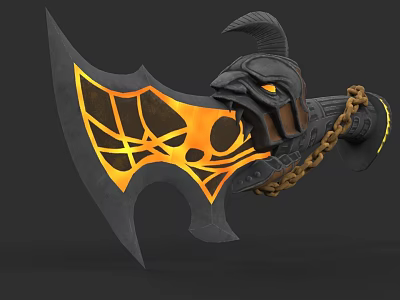 Mythical Battle Axe With Black Orange Flame Pattern And Decorative Head Chain 3d model