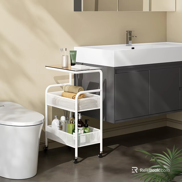 White Rolling Bathroom Storage Cart With Towel And Toiletries Organizer Shelf 3d model 