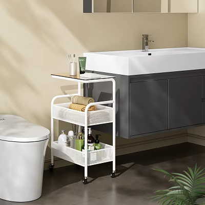 White Rolling Bathroom Storage Cart With Towel And Toiletries Organizer Shelf 3d model