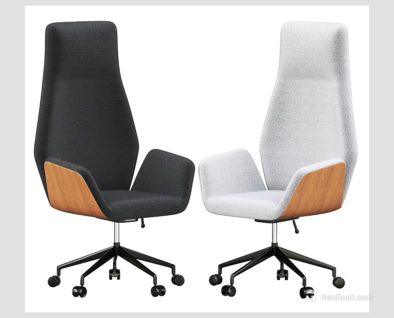 Black and Gray High Back Office Chairs with Wooden Armrests and Five Pointed Base Wheels 3d model 